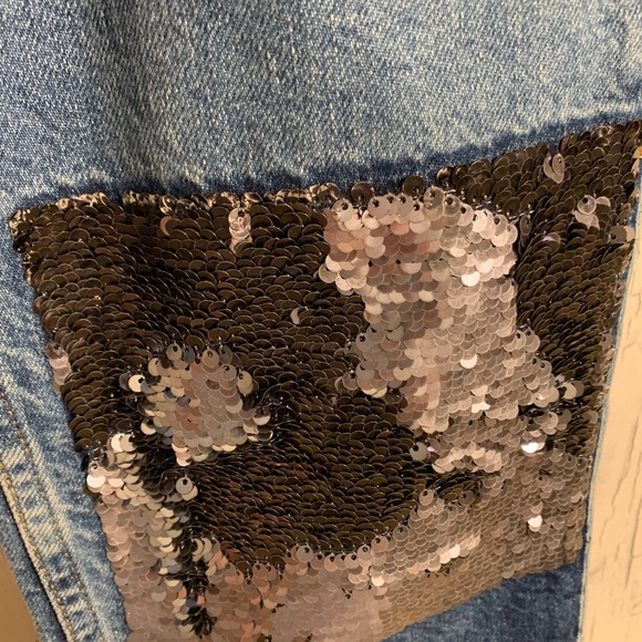 Zara Blue Medium Wash Sequins Bottom Straight Cropped Jeans Sz 8 EUC - Picture 12 of 14
